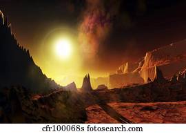 A large sun heats this alien planet which bakes in its glow.