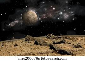 A moon rises over a rocky and barren alien landscape.