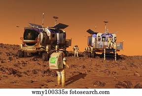 A pair of manned Mars rovers rendezvous on the martian surface.