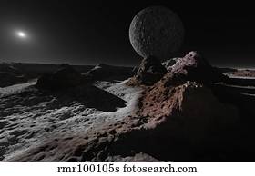 A scene on Pluto with Charon, its giant moon.
