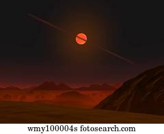 A view across a hypothetical primitive alien planet towards a brown dwarf in the sky.