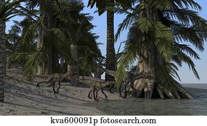 a, 家庭, ......的, utahraptors, 向前, the, shoreline.