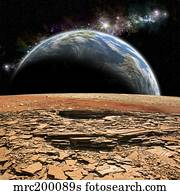 An Earth-like planet rises over a rocky and barren alien moon.