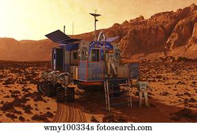 An explorer departs a manned rover ina martian canyon.