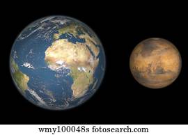 Artist's concept comparing the size of Mars with that of the Earth.