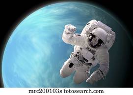 Artist's concept of an astronaut floating in outer space by a water covered planet.