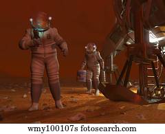 Artist's concept of astronauts exploring the surface of Saturn's moon Titan.