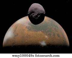 Artist's concept of Mars and its tiny moon Phobos.