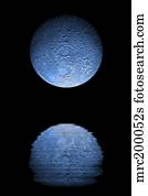 Artist's depiction of a heavily cratered blue moon rising over a body of calm water.