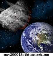 Artist's depiction of a large asteroid approaching Earth on a collision course.
