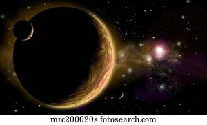 Artist's depiction of an orange and cloudy world with two moons.