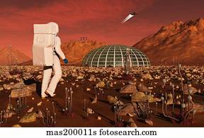 Astronaut walking across the surface of Mars towards a habitat dome.