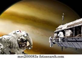 Astronauts performing work on a space station while orbiting a Jupiter-like planet.