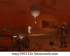 Astronauts release a weather balloon on the surface of Titan.