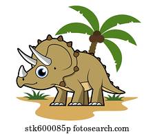Cute illustration of a Triceratops in a tropical climate.