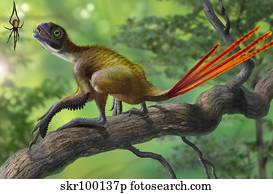 Epidexipteryx perched on a branch ready to eat a nearby spider. Epidexipteryx perched on a branch ready to eat a nearby spider.