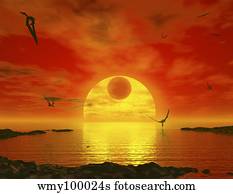Flying life forms grace the crimson skies of the earth-like extrasolar planet Gliese 581 c.