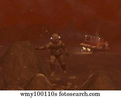 Illustration of astronauts exploring the surface of Saturn's moon Titan during a blizzard.