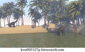 Large Brachiosaurus grazing in a tropical climate.