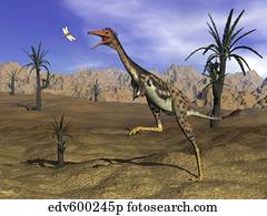 Mononykus dinosaur chasing a dragonfly in the desert. Mononykus dinosaur chasing a dragonfly in the desert.