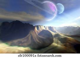 Mountainous landscape on a futuristic world with two beautiful moons.