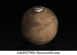 Planet Mars slightly tilted to show the Martian North Pole.