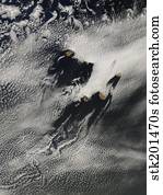 Ship-wave-shaped wave clouds and cloud vortices induced by the Cape Verde Islands.