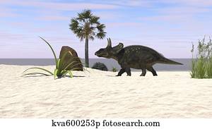 Triceratops walking along a prehistoric beach landscape. Triceratops walking along a prehistoric beach landscape.