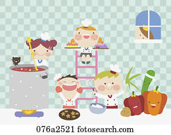 illustration of kids cooking in kitchen
