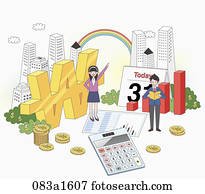 man and woman with chart, calculator, and money mark 