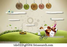 dass, grünes feld, mit, wolkenlandschaft, geschenk, fahrrad, und, auto