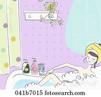 The woman taking a bath in the bathtub