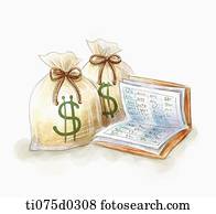 Cash book and bag of money 