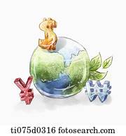 Foreign currency and globe 