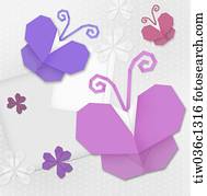 A memo design of origami pink and purple butterflies