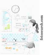 woman drinking water in the kitchen woman drinking water in the kitchen