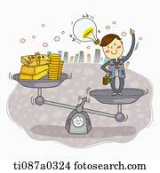 A businessman and money on the scale