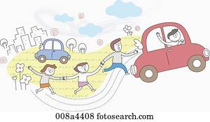 Happy people following the car 