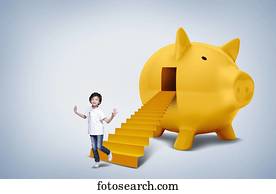a boy coming out from a piggy bank a boy coming out from a piggy bank