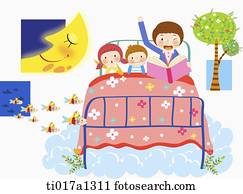 illustration of a family on a bed
