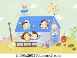 un, ilustración, de, un, familia, y, su, hogar