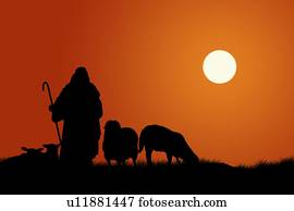 Silhouette of shepherd and sheep Silhouette of shepherd and sheep