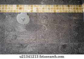 Showerhead in gray tile shower