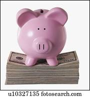 Piggy bank on top of a pile of money