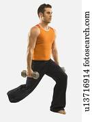 um, exercitar homem, com, pesos livres