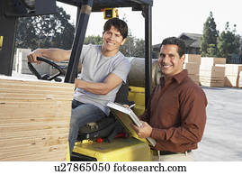 gerente, com, forklift, motorista, em, armazém