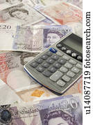 British paper currency and calculator