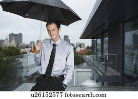 homem negócios, chuva