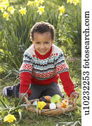 menino, ligado, páscoa ovo caça, em, narciso, campo