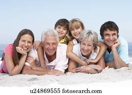 três família geração, relaxante, ligado, feriado praia